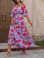 Rochie Lunga Victoria Bleu Cu Model Floral Rosu