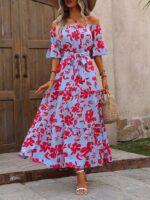 Rochie Lunga Victoria Bleu Cu Model Floral Rosu - imagine 3