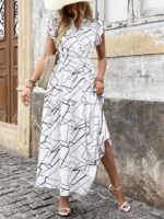 Rochie Lunga Almida Alba Cu Print Geometric Negru - imagine 4