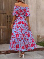 Rochie Lunga Victoria Bleu Cu Model Floral Rosu - imagine 2