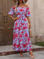 Rochie Lunga Victoria Bleu Cu Model Floral Rosu - imagine 4