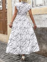 Rochie Lunga Almida Alba Cu Print Geometric Negru - imagine 2