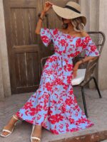 Rochie Lunga Victoria Bleu Cu Model Floral Rosu - imagine 5