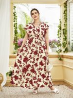 Rochie Lunga Triana Crem Deschis Cu Model Floral Rosu - Marimi Mari