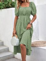 Rochie Lunga Emely Verde Cu Model Floral Alb