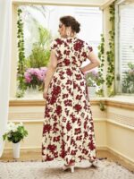 Rochie Lunga Triana Crem Deschis Cu Model Floral Rosu - Marimi Mari - imagine 2