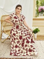 Rochie Lunga Triana Crem Deschis Cu Model Floral Rosu - Marimi Mari - imagine 3