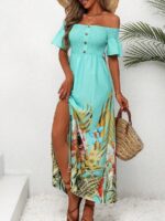 Rochie Midi Nancy Turcoaz cu Print Tropical