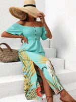 Rochie Midi Nancy Turcoaz cu Print Tropical - imagine 2