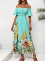 Rochie Midi Nancy Turcoaz cu Print Tropical - imagine 4