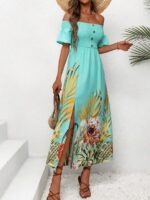 Rochie Midi Nancy Turcoaz cu Print Tropical - imagine 3