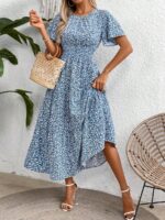 Rochie Midi Nanine Bleu cu Print Floral Alb