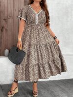 Rochie Lunga Felide Bej Cu Print Geometric Negru - Marimi Mari - imagine 3