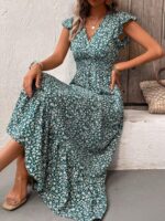 Rochie Lunga Sofiya Verde Cu Model Floral Alb