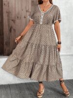 Rochie Lunga Felide Bej Cu Print Geometric Negru - Marimi Mari - imagine 4