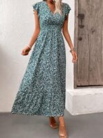 Rochie Lunga Sofiya Verde Cu Model Floral Alb - imagine 3