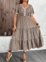 Rochie Lunga Felide Bej Cu Print Geometric Negru - Marimi Mari - imagine 5