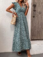 Rochie Lunga Sofiya Verde Cu Model Floral Alb - imagine 4
