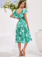 Rochie Midi Aksel Verde Cu Model Floral Alb - imagine 2