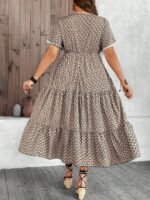 Rochie Lunga Felide Bej Cu Print Geometric Negru - Marimi Mari - imagine 2