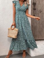 Rochie Lunga Sofiya Verde Cu Model Floral Alb - imagine 5