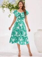 Rochie Midi Aksel Verde Cu Model Floral Alb - imagine 5