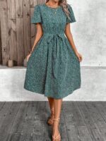 Rochie Midi Sharina Verde Cu Print Alb - imagine 3