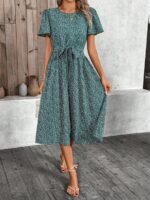 Rochie Midi Sharina Verde Cu Print Alb - imagine 4