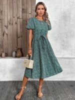 Rochie Midi Sharina Verde Cu Print Alb - imagine 5