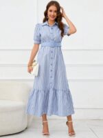 Rochie Lunga Yarem Albastra Cu Dungi Albe - imagine 3