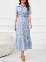 Rochie Lunga Yarem Albastra Cu Dungi Albe - imagine 4