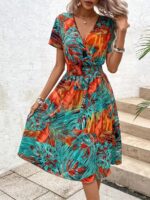 Rochie Midi Filoftea Neagra Cu Print Tropical Multicolor - imagine 5