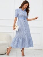 Rochie Lunga Yarem Albastra Cu Dungi Albe - imagine 5