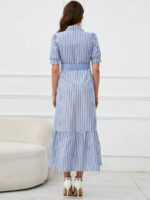 Rochie Lunga Yarem Albastra Cu Dungi Albe - imagine 2