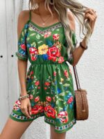 Salopeta Scurta Harper Verde Cu Model Floral Multicolor