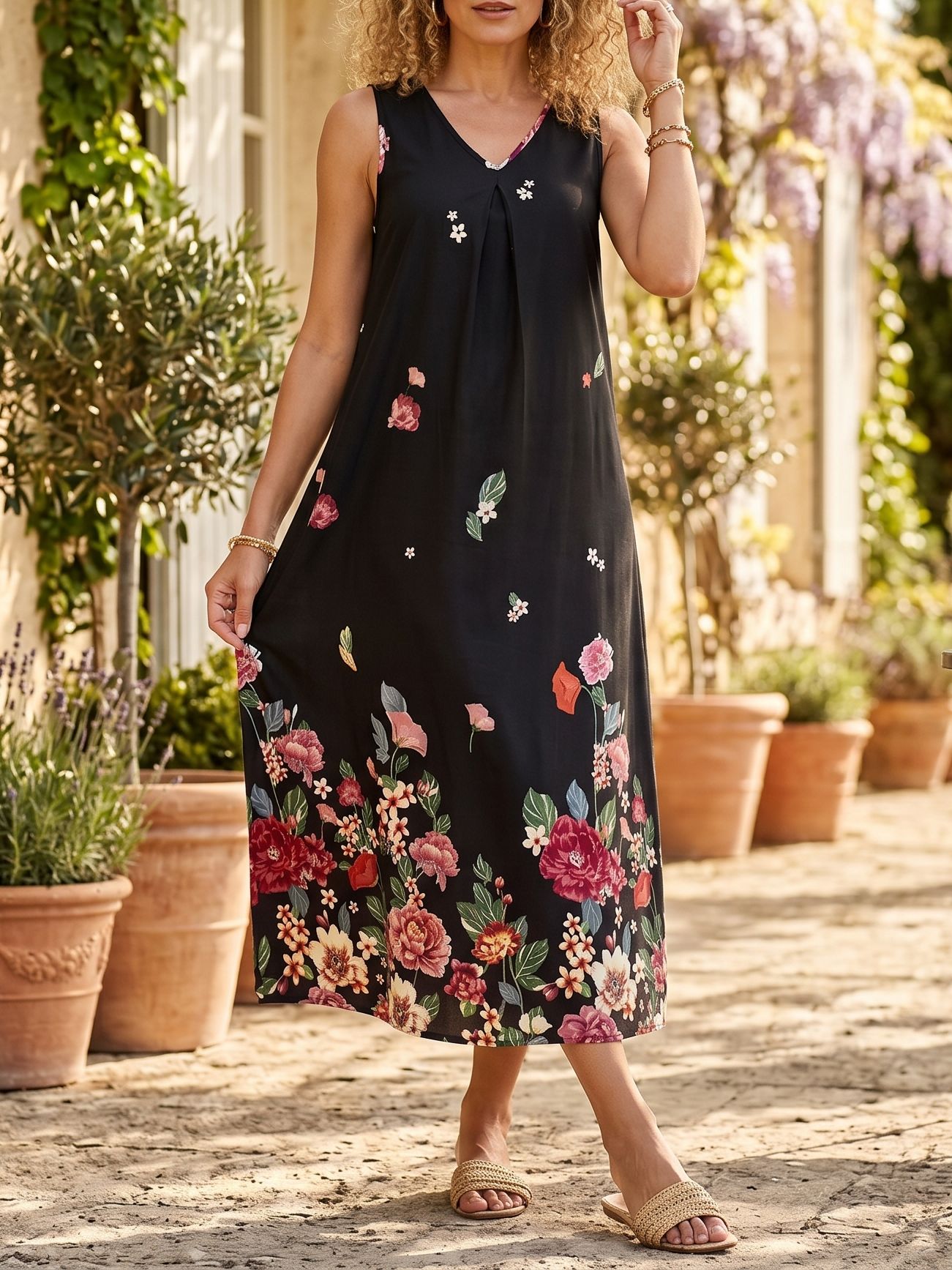 1467 Rochie Lunga Annemai Neagra cu Print Floral Rosu - imagine 1