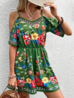 Salopeta Scurta Harper Verde Cu Model Floral Multicolor - imagine 3