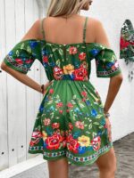 Salopeta Scurta Harper Verde Cu Model Floral Multicolor - imagine 2