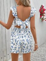 Salopeta Scurta Debra Alba Cu Model Floral Albastru - imagine 2