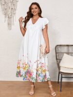 Rochie Lunga Dajana Alba Cu Model Floral Multicolor - Marimi Mari