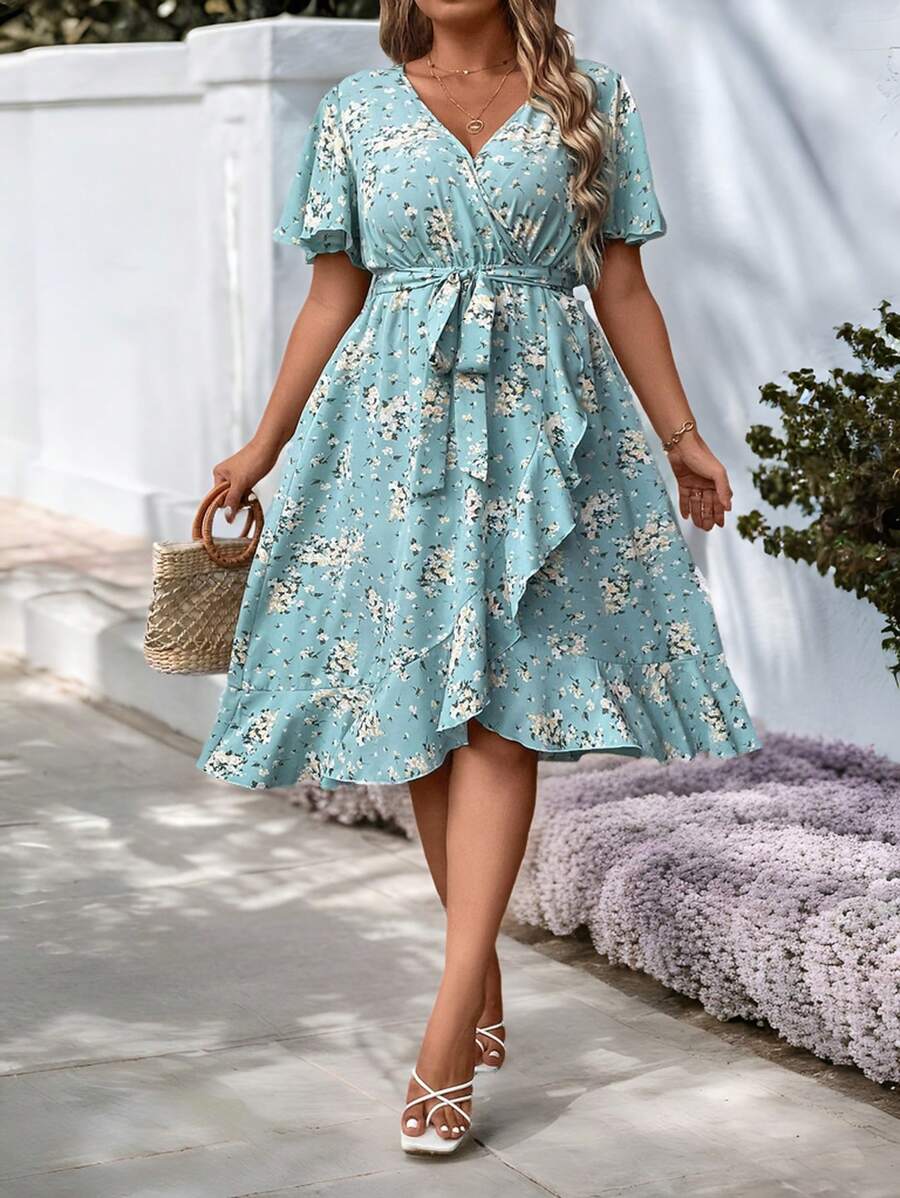 154 Rochie Midi Aliona Albastru Deschis Inflorata - Marimi Mari - imagine 1