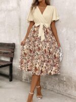 Rochie Midi Huisi Bej cu Print Floral Maro - imagine 3
