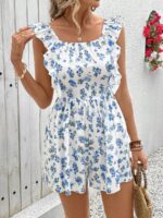 Salopeta Scurta Debra Alba Cu Model Floral Albastru - imagine 3