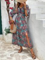 Rochie Lunga Manda Albastru Deschis Cu Print Multicolor