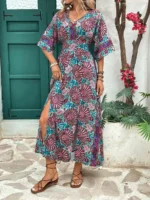 Rochie Lunga Manda Albastru Deschis Cu Print Multicolor - imagine 4