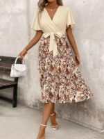 Rochie Midi Huisi Bej cu Print Floral Maro