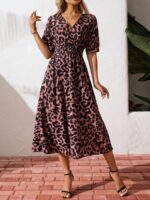 Rochie Midi Talyne Roz Cu Print Leopard Negru - imagine 3
