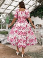 Rochie Lunga Glade Alba Cu Model Floral Roz - Marimi Mari - imagine 2