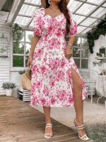 Rochie Lunga Glade Alba Cu Model Floral Roz - Marimi Mari - imagine 3
