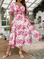 Rochie Lunga Glade Alba Cu Model Floral Roz - Marimi Mari